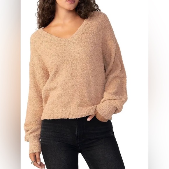 NWT Sanctuary V-neck textured teddy, balloon sleeve pullover sweater XL Camel - Picture 1 of 11